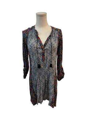 Akemi + Kin Anthropologie Boho Floral Tunic Dress XS Tassel Tie GUC
